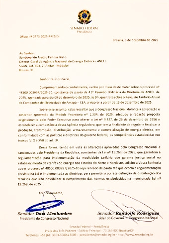 Senadores Davi a Randolfe notificam ANEEL para retirar de pauta aumento de tarifa de energia no AP