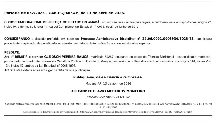 MP-AP demite servidor efetivo envolvido em crimes sexuais após conclusão de processo disciplinar